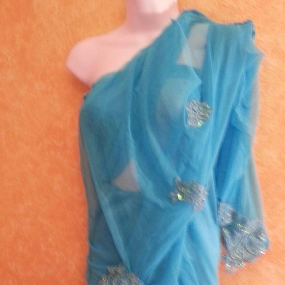 Custom Order Turquoise Lace Net Wedding Saree - Picture 5 of 8